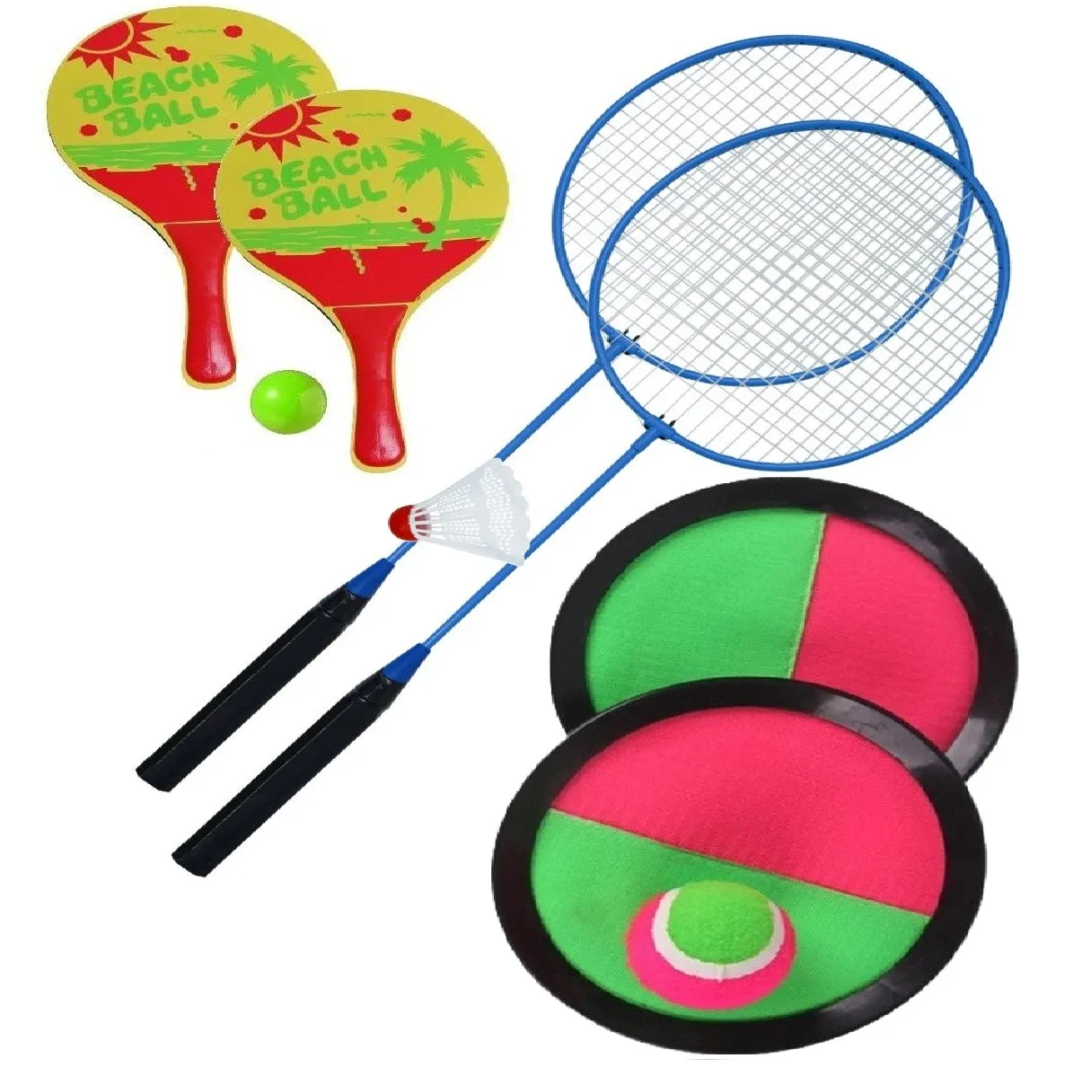Strand Spel Kit. BADMINTON SETT, CATCH-BALL SETT og STRANDTENNIS-SETT