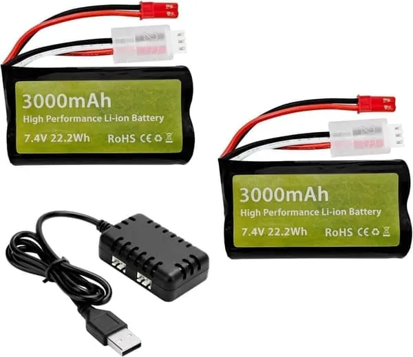 2 stk 7,4V 3000mAh 15C Li-ion Batterier med JST-2P + 2-i-1 Lader u2013 Passer til UDIRC UD1601, UD1602 - Tilbehu00f8r til Fjernstyrte Leker Batterier