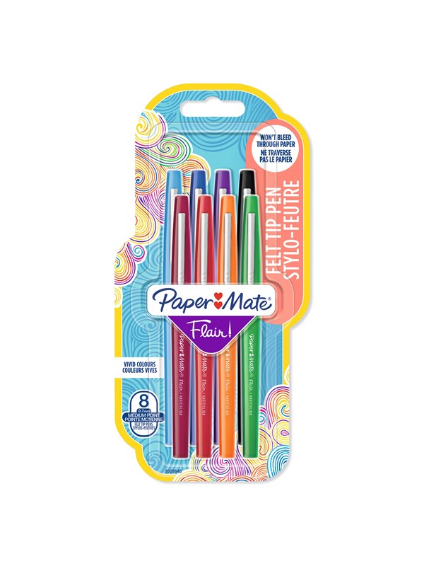 Paper Mate Flair Felt Tip Pens | Medium Point (0.7mm) | Assorted Colours | 8 Count