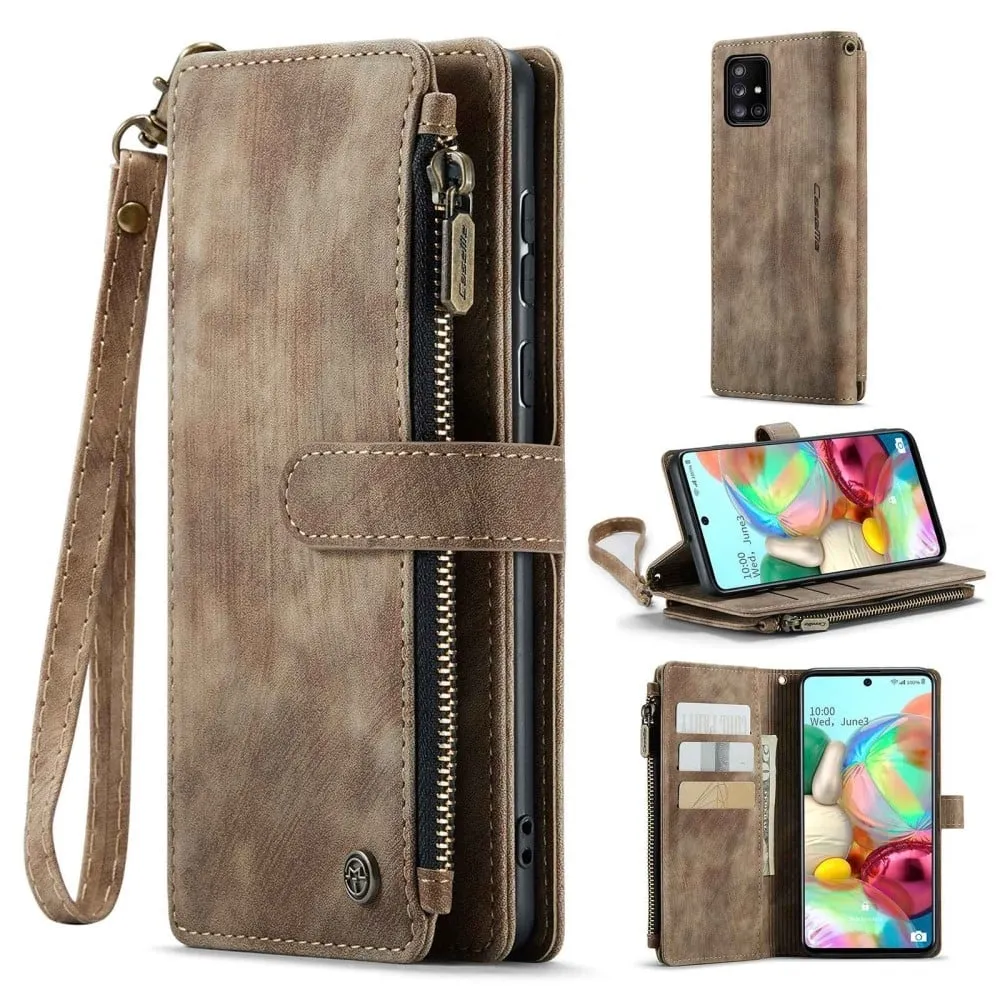 CaseMe telefonetui med glidelås og lommebok for Samsung Galaxy A71 - Brun