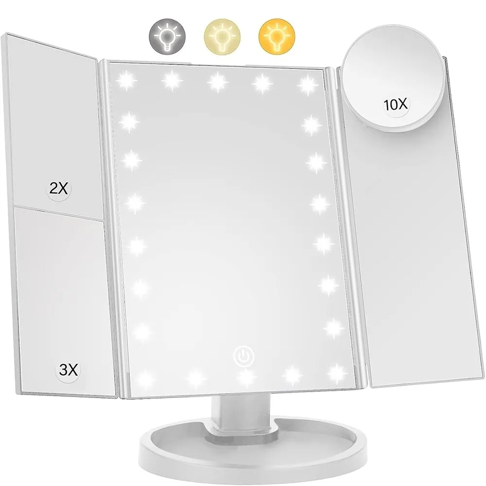 3 - sidig sammenleggbar sminkespeil dimbar lys 22LED bordspeil speil - hvit