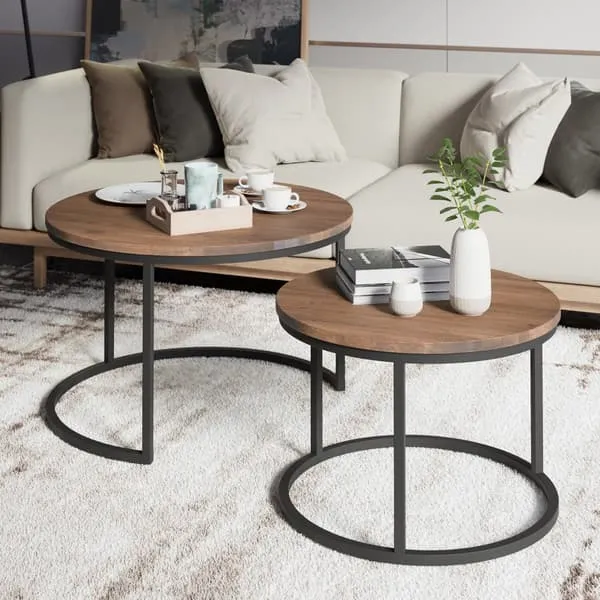 Rundt hekkebord, rundt salongbordsett i tre, moderne salongbordsett, salongbord i massiv eik, salongbord i massiv eik og metall