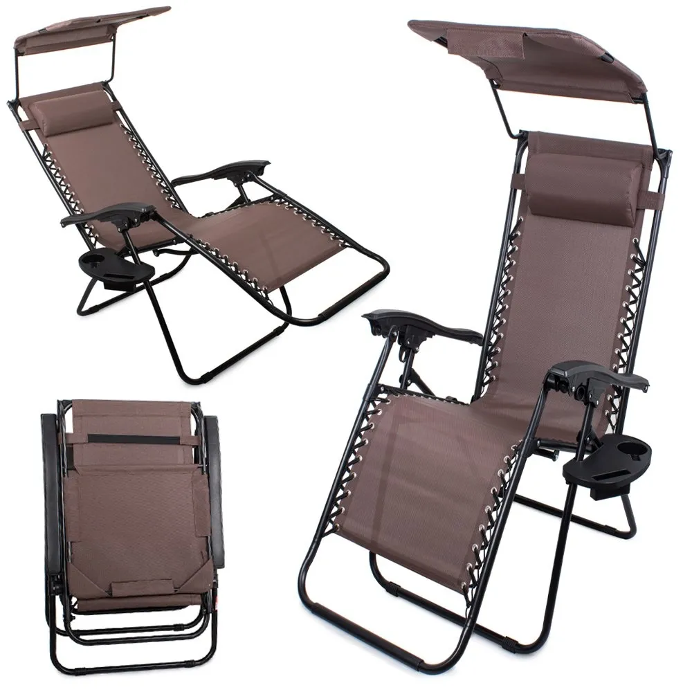 Solseng med tak / Strandstol - Sammenleggbar - Brun
