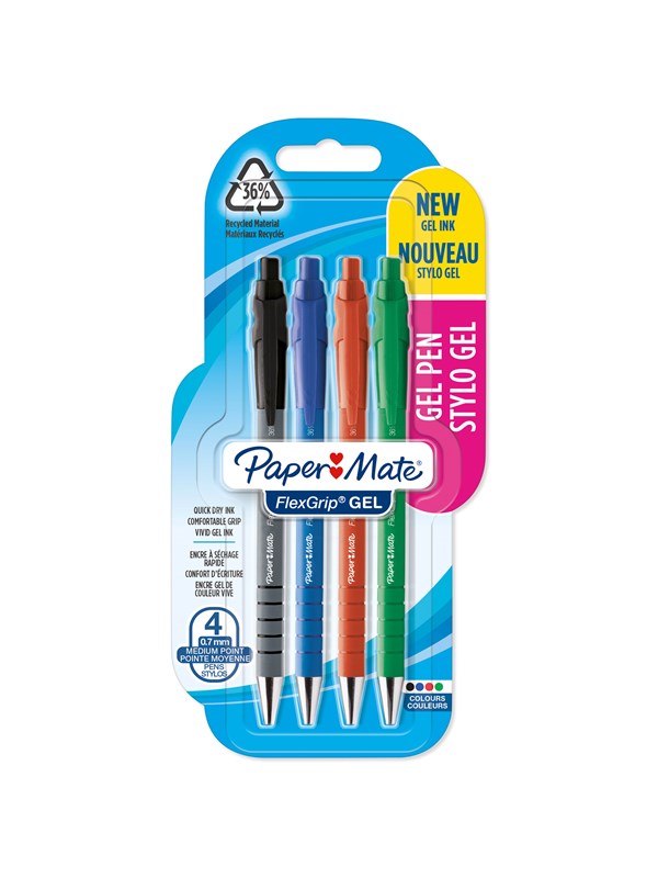 Paper Mate FlexGrip Gel Pens | Medium Point (0.7 mm) | Black Blue Red & Green Ink | 4 Count