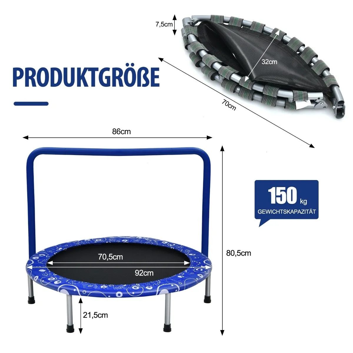 Barnetrampolin mini trampoline sammenleggbar trampoline for småbarn blå + svart