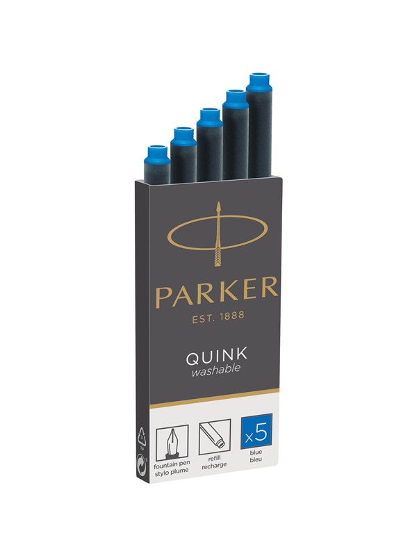 Parker Fountain Pen Ink Refill Cartridges | Long | Washable Blue QUINK Ink | 5 Count