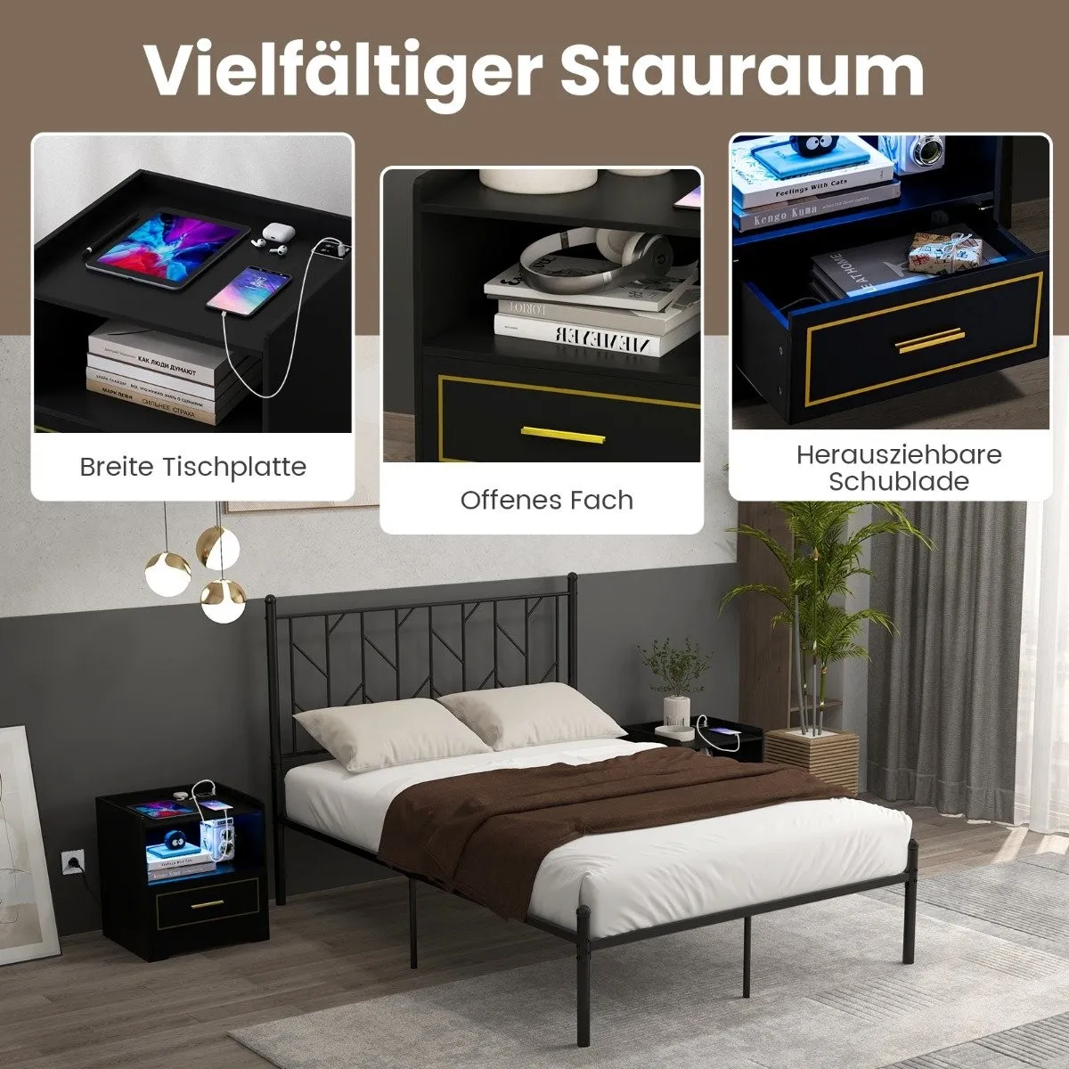 Nattbord med LED-lys, USB-port og Type-C ladestasjon, nattbord med bevegelsessensor, sort