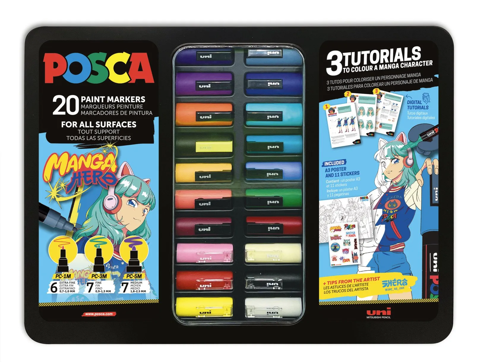 POSCA Metall Tinæske - 20 stk. ass. MANGA HERO - inkl. 3 veiledninger - lær hvordan du fargelegger en MANGA-FIGURE