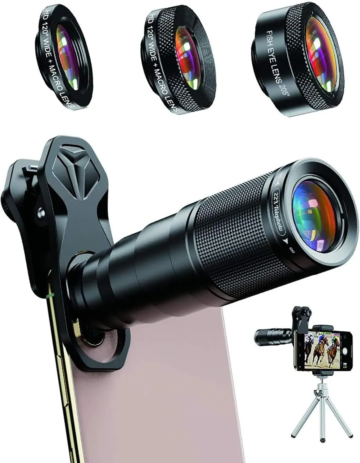 APEXEL 6-i-1 Telefonlinsesett – 22X teleobjektiv, 205° fisheye-linse, 120° vidvinkellinse & 25X makrolinse