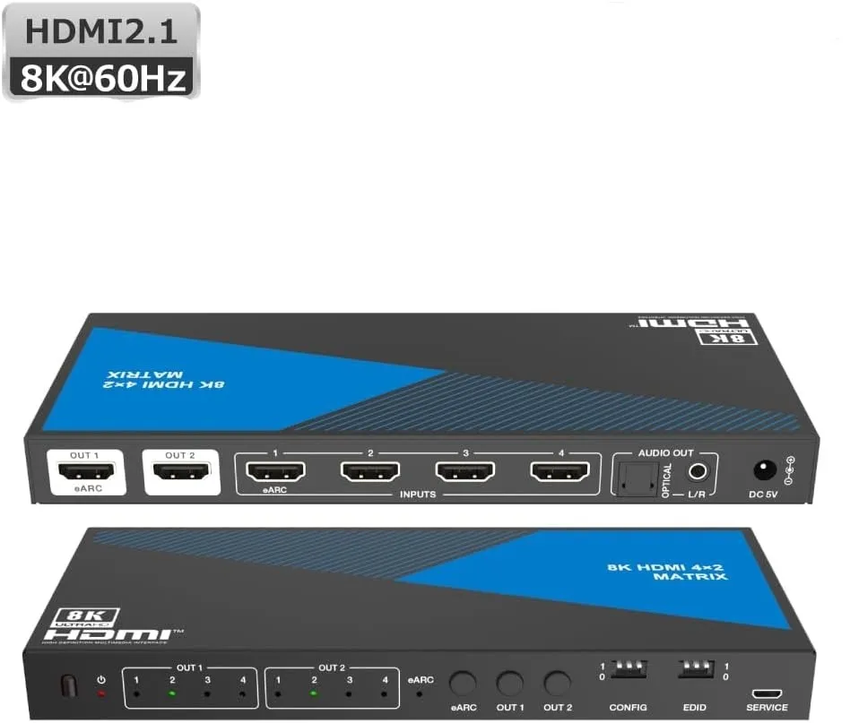 NÖRDIC 8K HDMI 2.1 eARC/ARC matrisebryter 4x2 med Extractor Toslink & Stereo, HDMI CEC, Dolby Atmos/Digital Plus, DTS Master