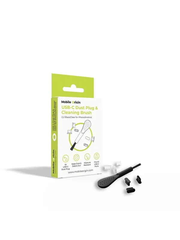 Mobile Origin USB-C Dust Plug & Cleaning Brush CL1 Black/Clear for iPhone/Android