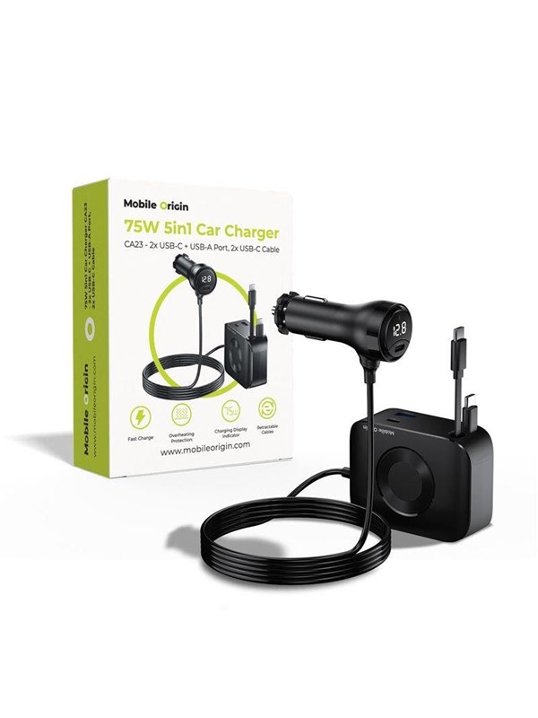 Mobile Origin 75W 5in1 Car Charger CA23 - 2x USB-C + USB-A Port - 2x USB-C Cable