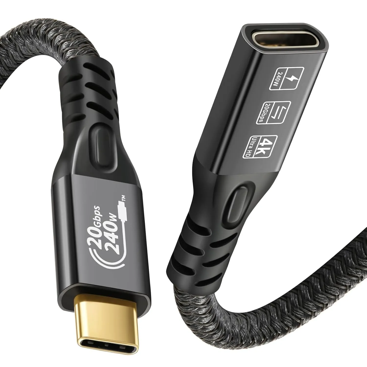 NÖRDIC 2m USB3.2 Gen2 20Gbps USB-C til C nylonflettet forlengelseskabel med Power Delivery 240W 4K60Hz