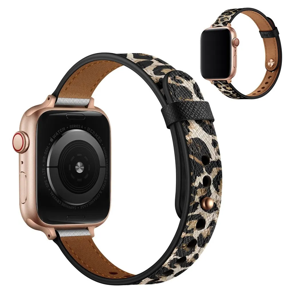 Apple Watch 42mm - 44mm topplag klokkerem i ekte skinn - Leopard