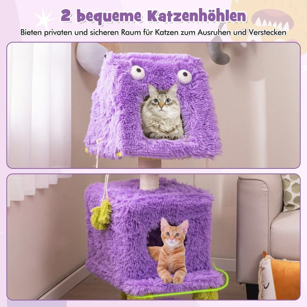 Kattskrapestolpe Liten 111 cm monstertema kattetre med 2 kattehuler og avtagbar topp lilla