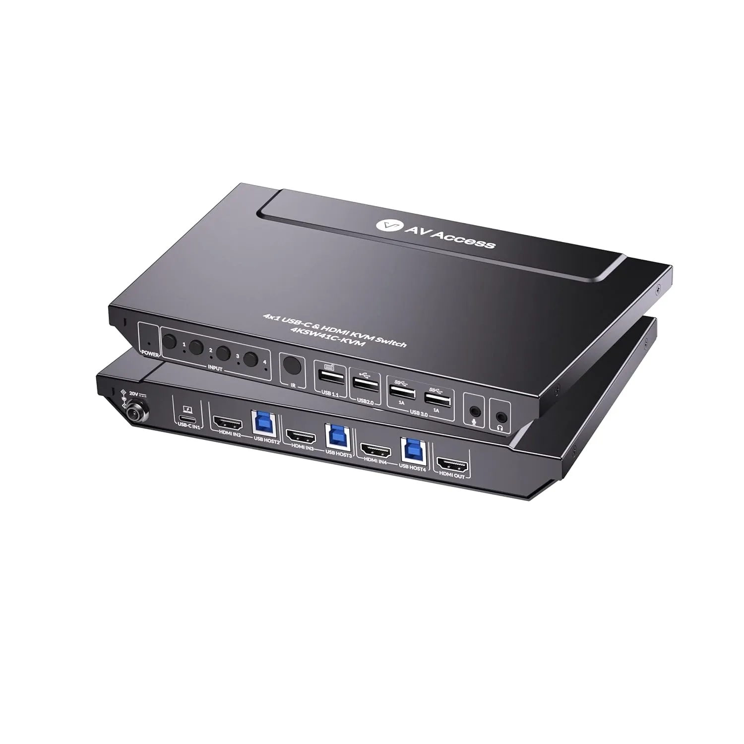 AV Access 4KSW41C 4K USB-C og HDMI KVM-svitsj 4 PC-er 1 skjerm, 60W lading for bærbar PC