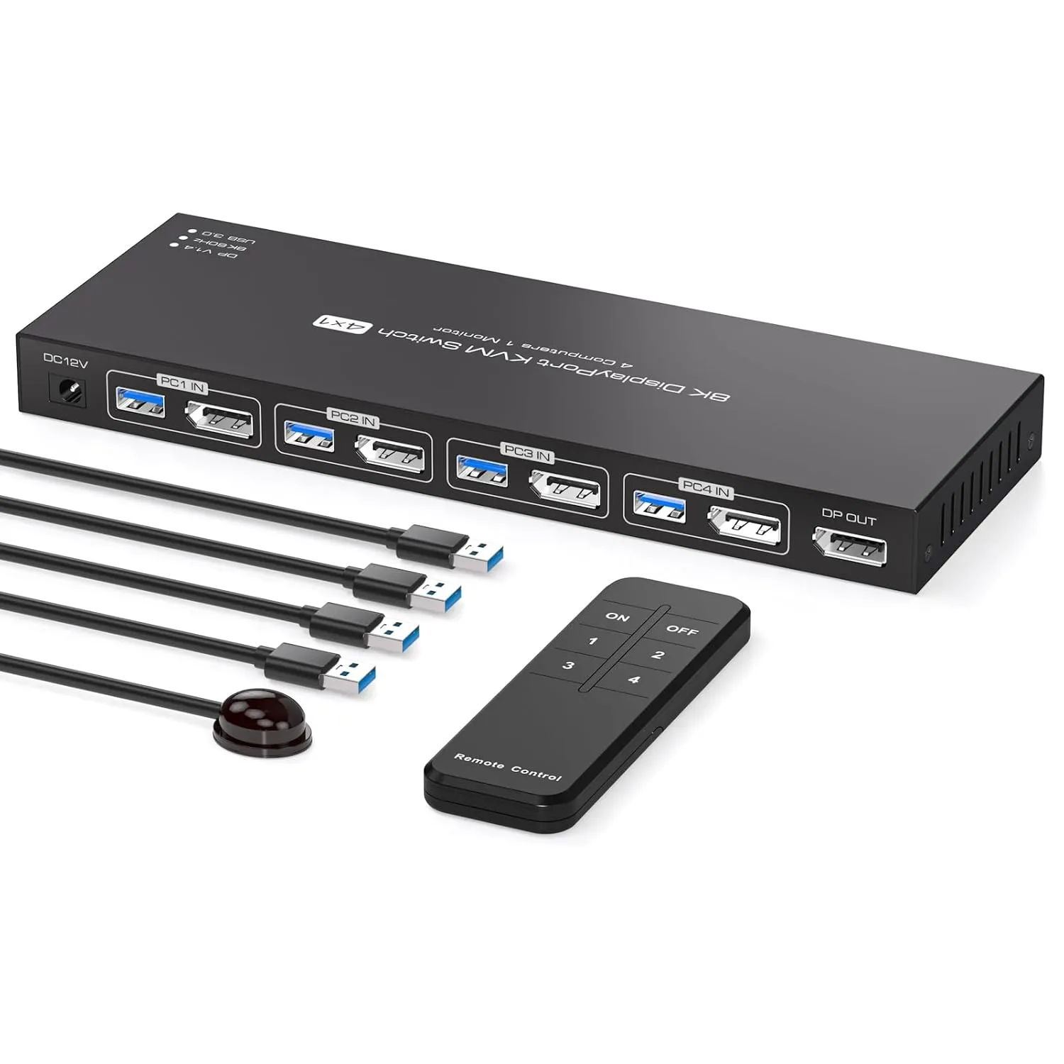 NÖRDIC KVM-bryter 4 til 1 DP 8K60Hz 4K144Hz 4xUSB 3.0