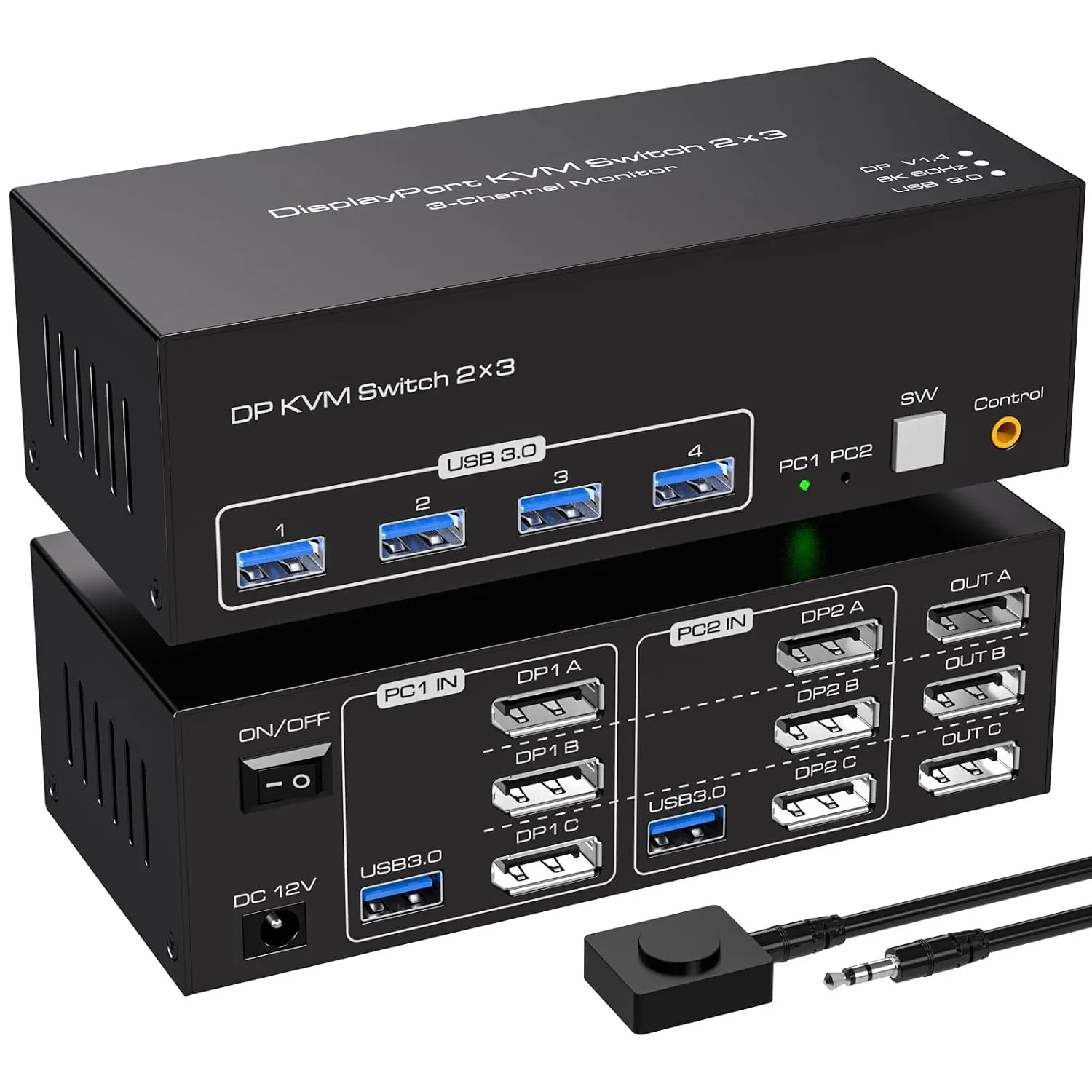 NÖRDIC DisplayPort 1.4 KVM-bryter 2 datamaskiner 3 skjermer 8K60Hz 4K144Hz trippel skjerm 4 USB 3.0 for 2 PC-er deler 3 skjermer