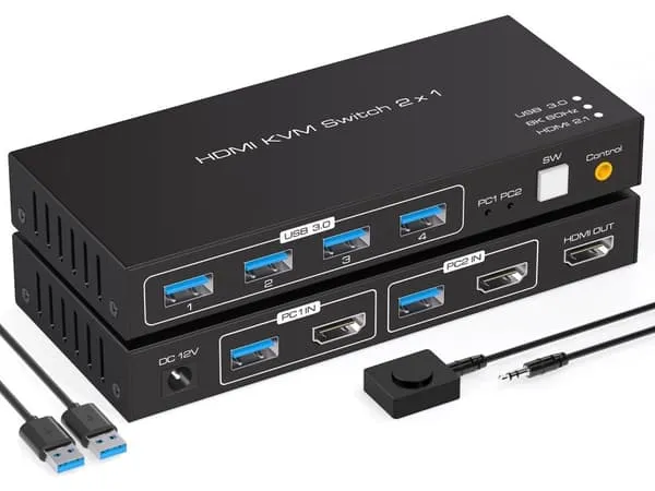 NÖRDIC KVM-svitsj 2 til 1 HDMI til HDMI, 8K60Hz/4K120Hz, 4x USB-A