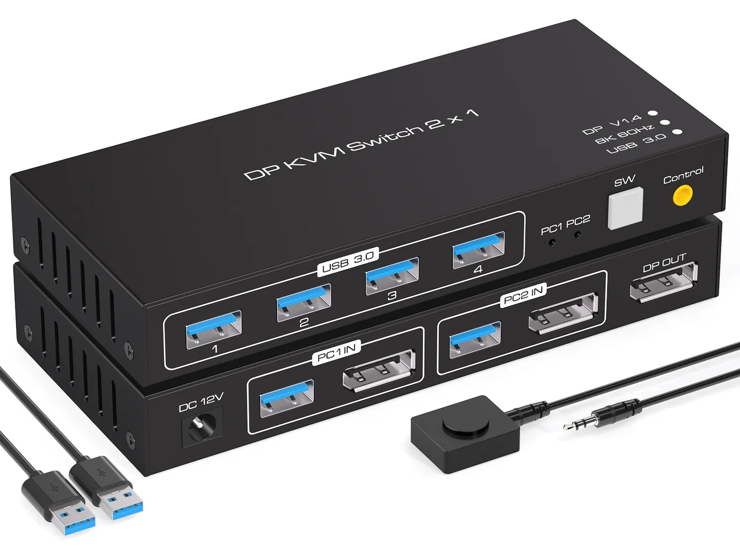 NÖRDIC KVM-svitsj 2 til 1 DisplayPort til DisplayPort, 8K60Hz/4K120Hz, 4x USB-A