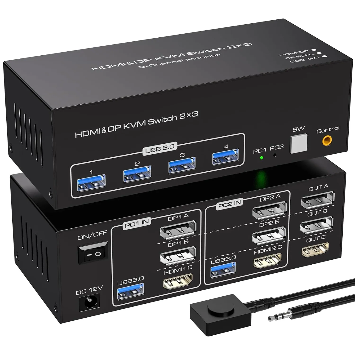 NÖRDIC KVM-switch 2 PC 3 skjermer 8K60Hz 4K144Hz Trippel skjerm 2xDP 1xHDMI 4xUSB 3.0 porter