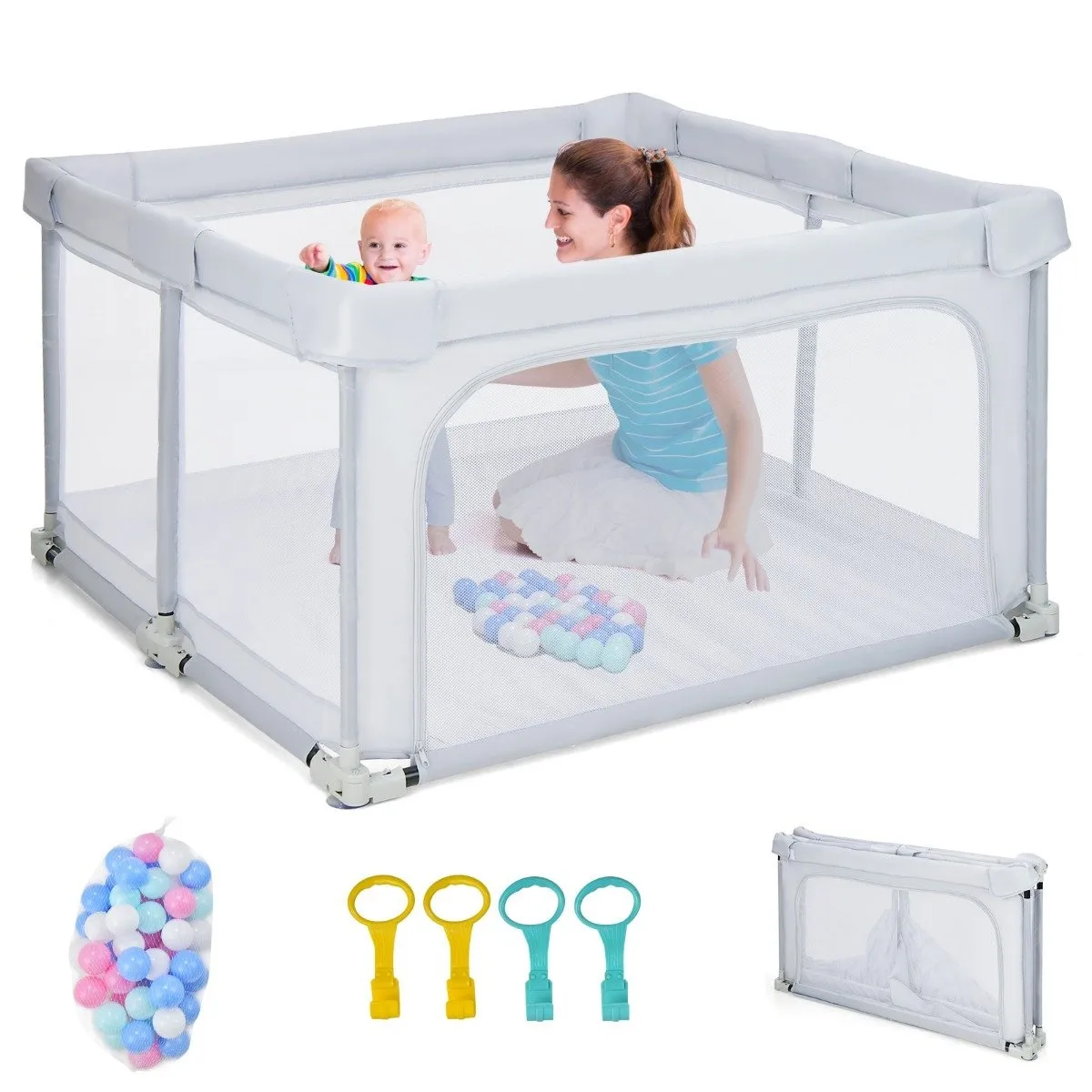 Firkantet Babylekegrind 124 x 124 cm Stort Lekegjerde Lys Grå