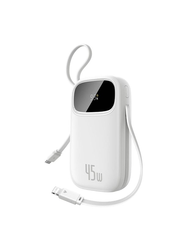 Baseus EnerFill FC31 20000mAh 45W Powerbank with Digital Display and 2 Built-in Cables (USB-C + Lightning) - White Nødlader - Hvit - 20000 mAh