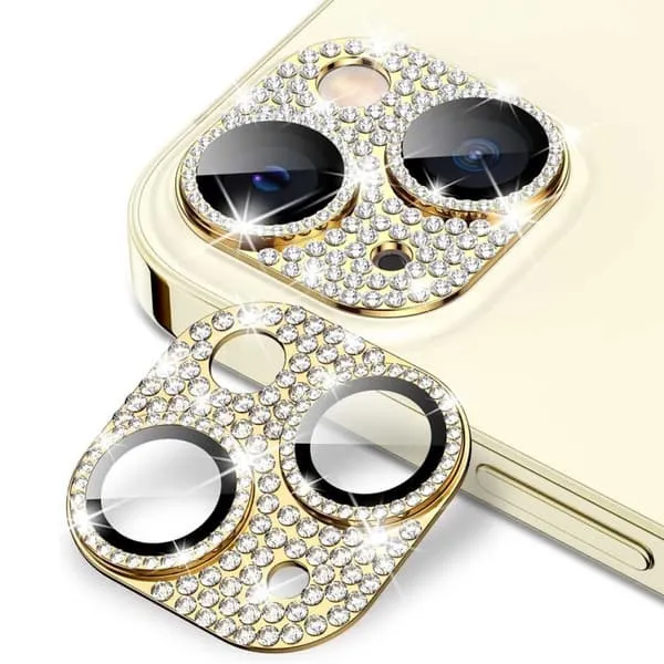 iPhone 14/14 Plus kamerabeskyttelse Bling herdet glass gull