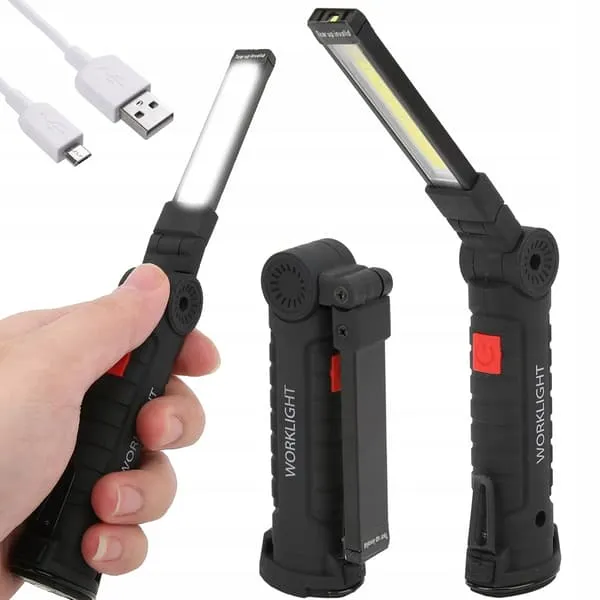 Magnetisk verksted- og arbeidslampe 5-i-1 – oppladbar LED-lampe med USB, sterk magnet og sammenleggbar krok