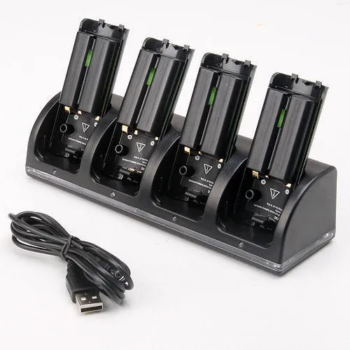 Kompatibel med Wii ladestativ Bluelight ladestasjon for 4 kontroller - svart