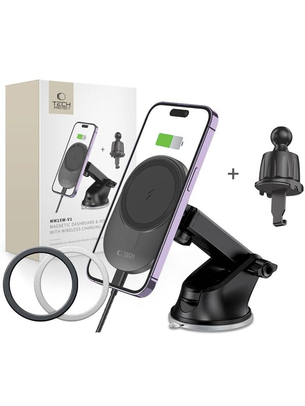 Tech-Protect  MM15W-V1 Car Phone Holder with MagSafe 15W Inductive Charger for Cockpit / Air Vent - Black
