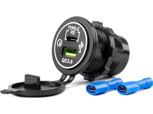 Amio vanntett mobil-lader USB+USB-C 12/24V MOD-08