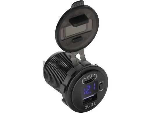 PeiYing bil-lader USB + USB-C med Quick Charge, Power Delivery og spenningsmåler 48W