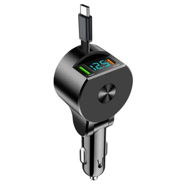 3-i-1 Rullbar Billader 75W USB-C & USB-A Hurtiglading med LED Voltmeter, 12-24V