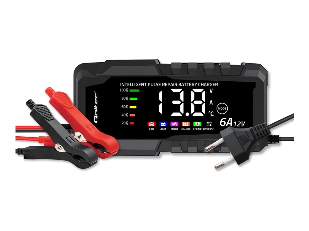 Qoltec intelligent mikroprosessorbasert lader 12 V 6A | likeretter med reparasjonsfunksjon for AGM GEL LiFePO4-batteri | LCD
