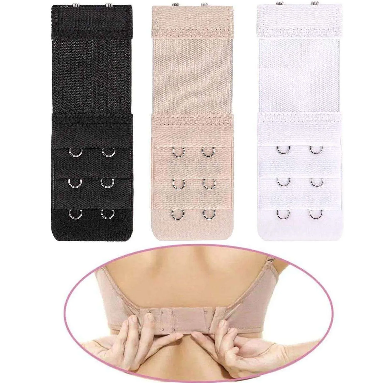 3-pack BH-forlengere - Svart, Hvit, Beige - 2 kroker