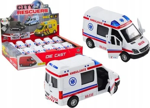 LeanToys Ambulanse 1:32 åpne dører lys lyder hvit