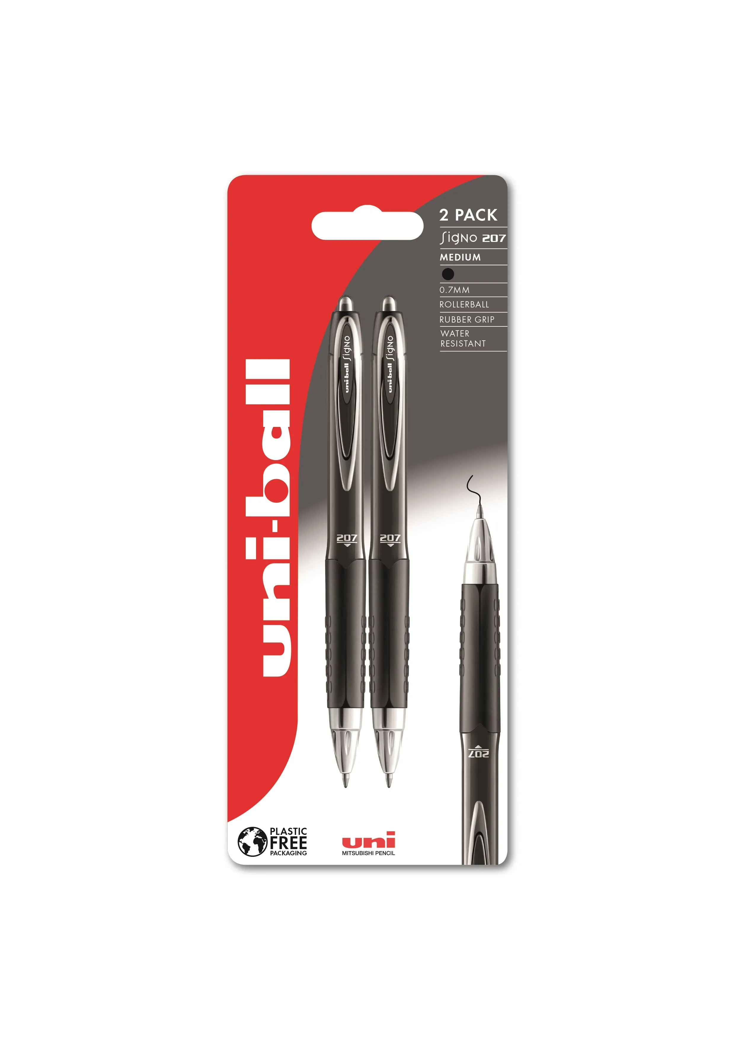 Uni-ball Signo 207 fine 2stk Sorte rollerpenne med behageligt gummigreb, stregbredde 0,5mm