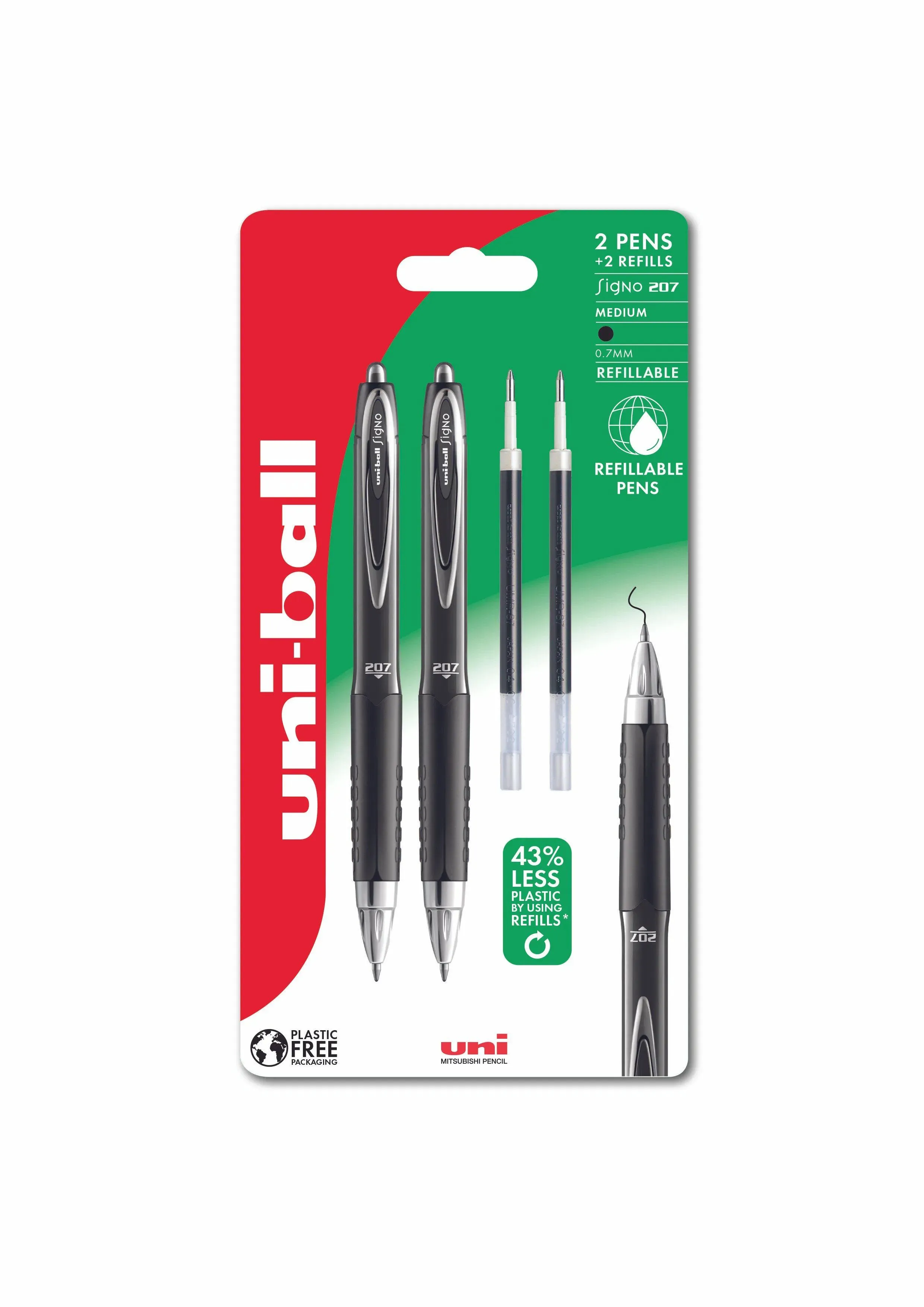 Kulepenn Uni-ball Signo 207 fin blå - 2 stk. kulepenner + 2 stk. refill - komfortabelt gummigrep, linjebredde 0,7 mm