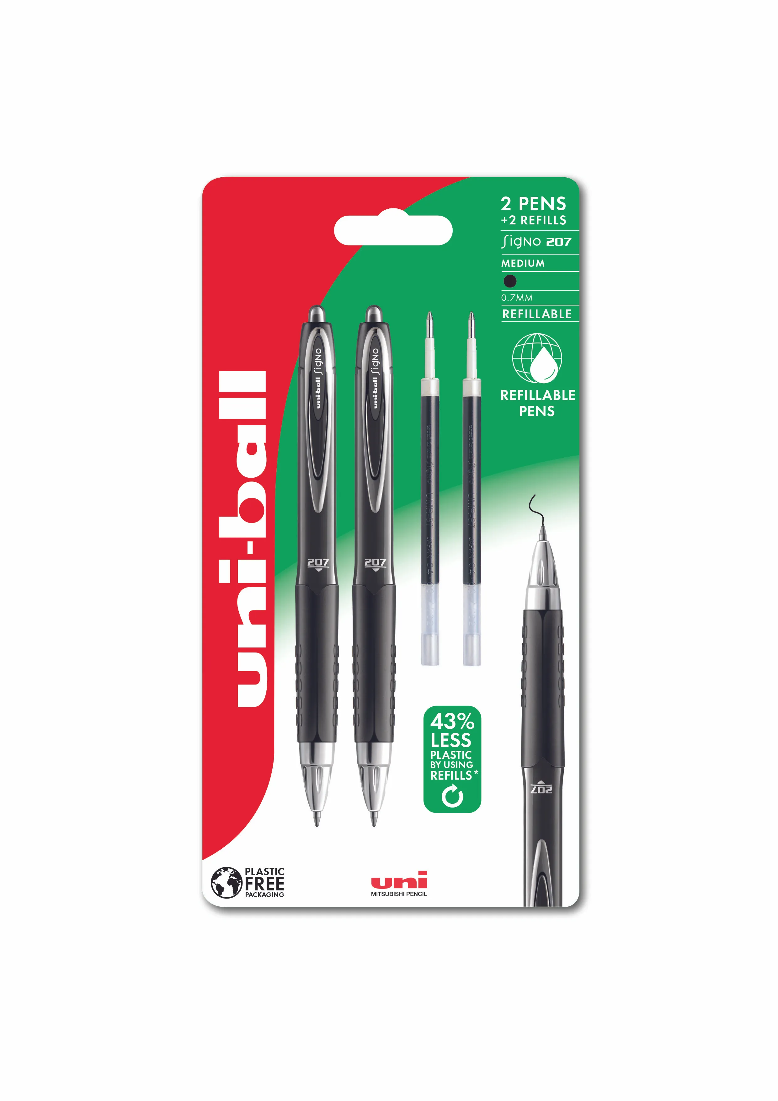 Uni-ball Signo 207 fine 2stk Sorte rollerpenne+ 2stk refills. Med behageligt gummigreb, stregbredde 0,5mm