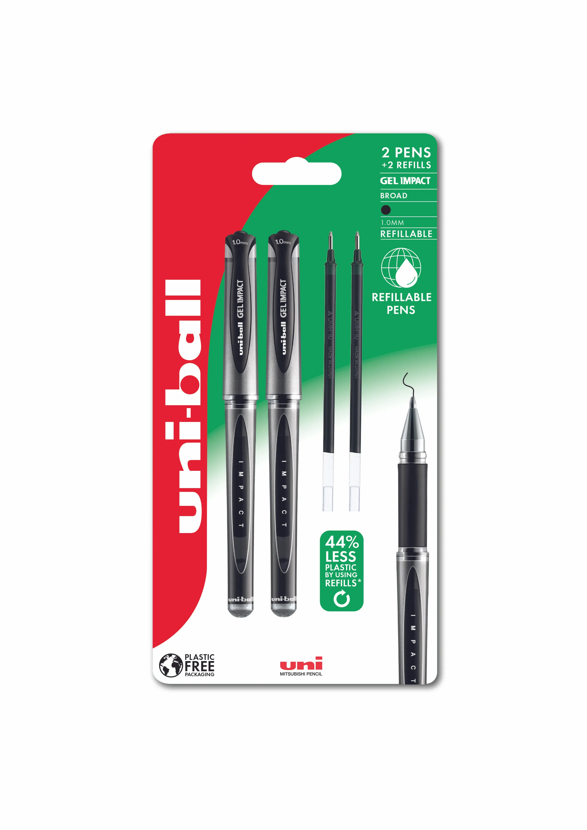 Rullepenn Uni-ball Gel Impact 153 sort - 2 stk. Gel-rullepenn, + 2 stk. refill, bredde 1,0 mm