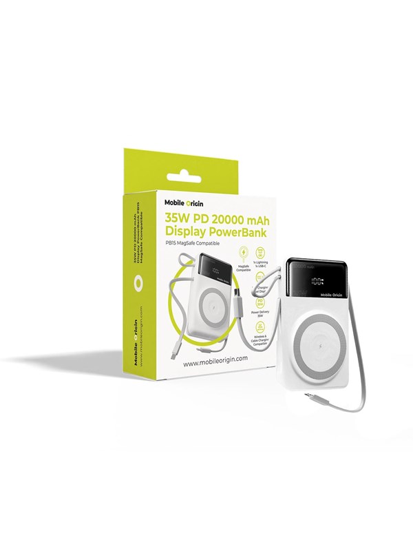 Mobile Origin 35W PD 20000mAh Display PowerBank PB15 MagSafe Compatible Nødlader - Hvit - 20000 mAh