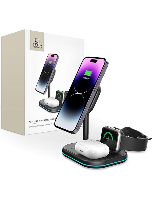 Tech-Protect QI15W-A27 3in1 Inductive Charger with MagSafe Stand for Smartphone / Apple Watch / AirPods - Black