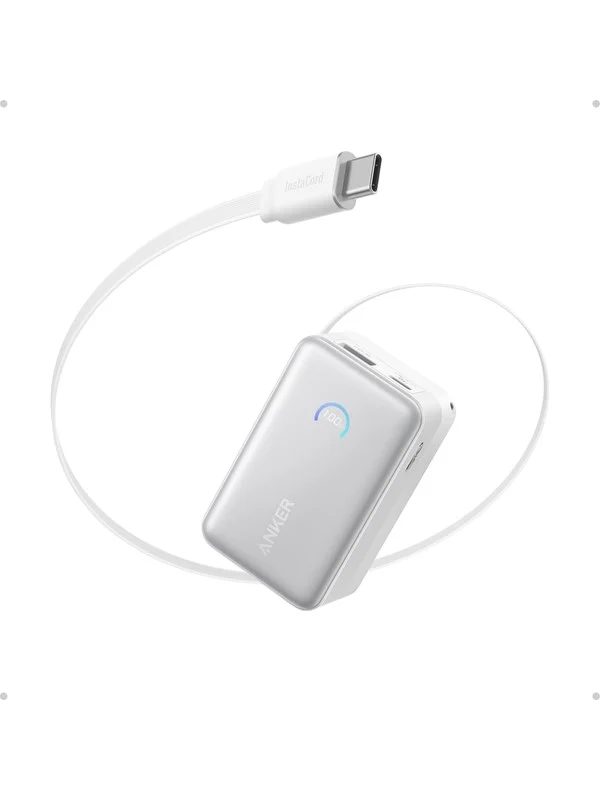Anker Nano Power Bank (10K 45W Built-In Retractable USB-C Cable) - White Nødlader - Hvit - 10000 mAh
