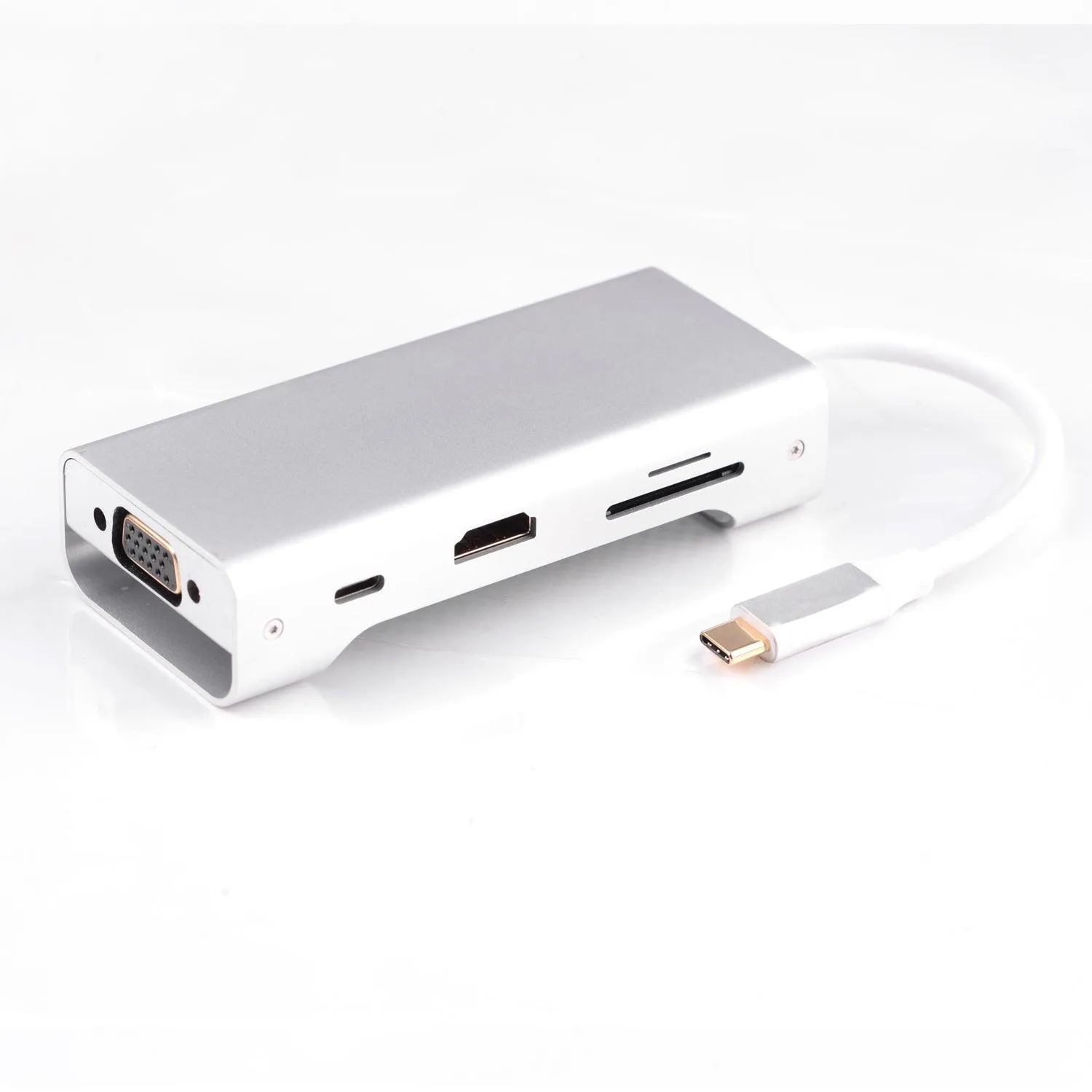 NÖRDIC 1 til 8 USB C Aluminium Docking Station 1xHDMI 4K 30Hz 1xvga 1080p 3xUSB 3.1 5GBP 1X USB C PD87W 1XSD / TF Card Reader Silver