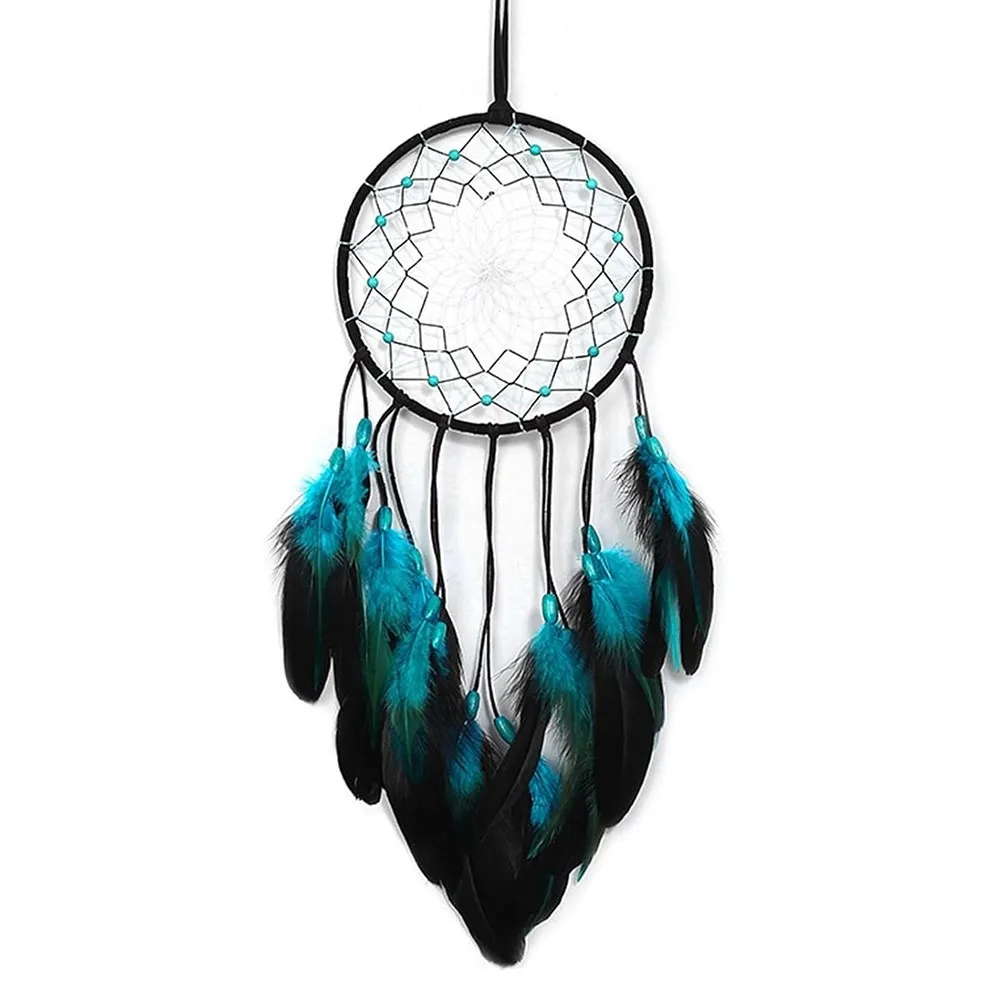 Dream Catcher Blå fjærhengende dekor Vindklokkeveggpynt LED - lysstripe