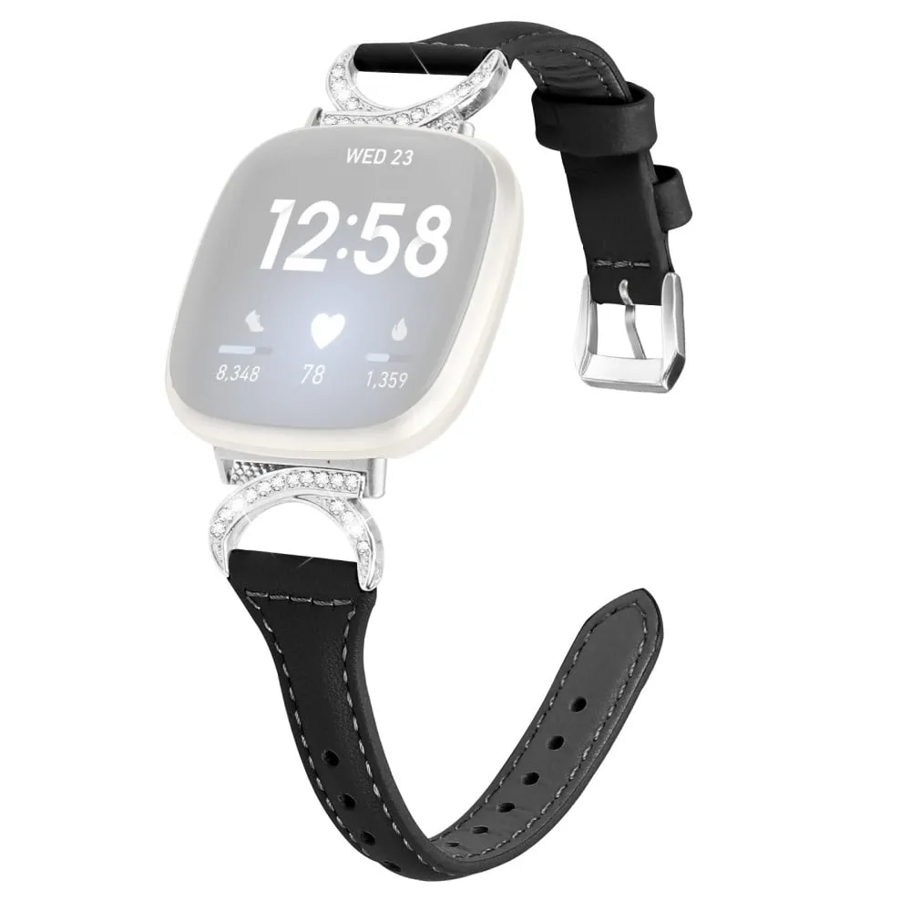 Fitbit Sense 2 / Versa 4 / Sense / 3 Ekte lærrem med sølvspenne i rhinestone - Svart