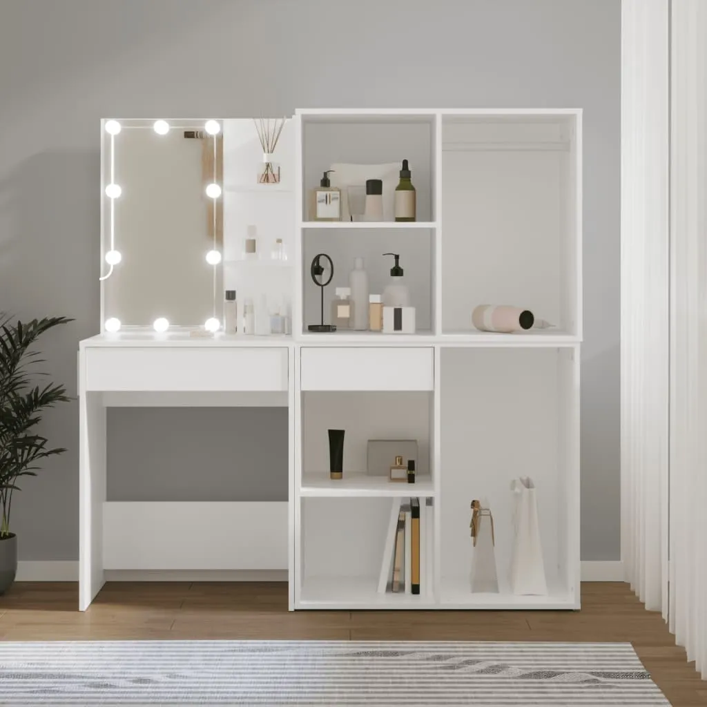 vidaXL LED-sminkebord med 2 skap hvit konstruert tre