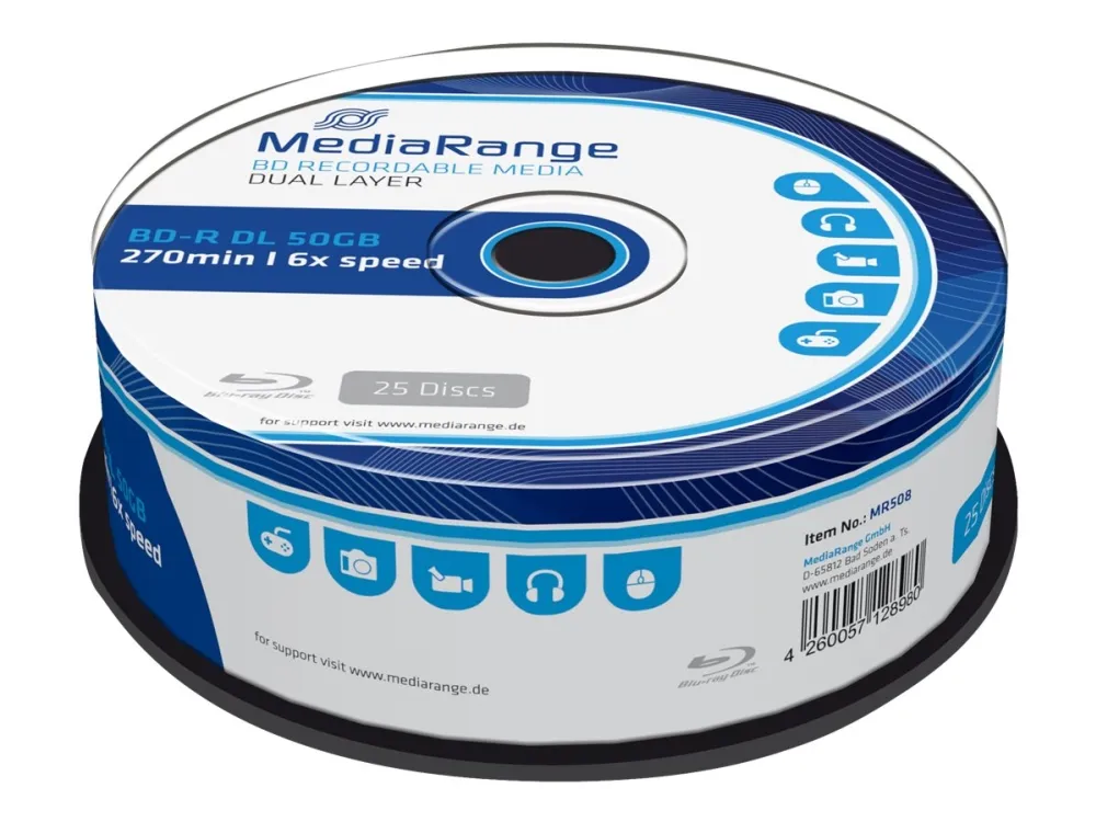 MediaRange BD-R DL 50 GB, Blu-ray - Rull 25 stk