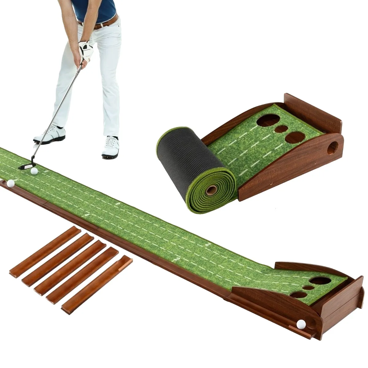 Golfputtematte med 3 hull og automatisk ballretur